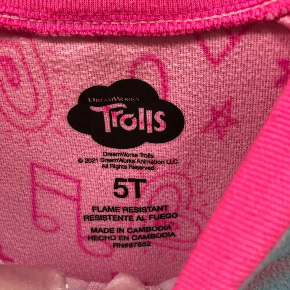 Trolls Girls 5T Fleece Pajamas Jumpsuit Pink Long Sleeve One Piece‎ Zip